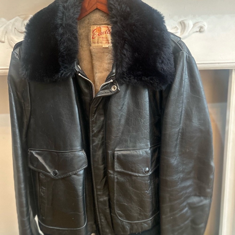 Black Leather Bomber Jacket with Fur Collar - Picture 11 of 11